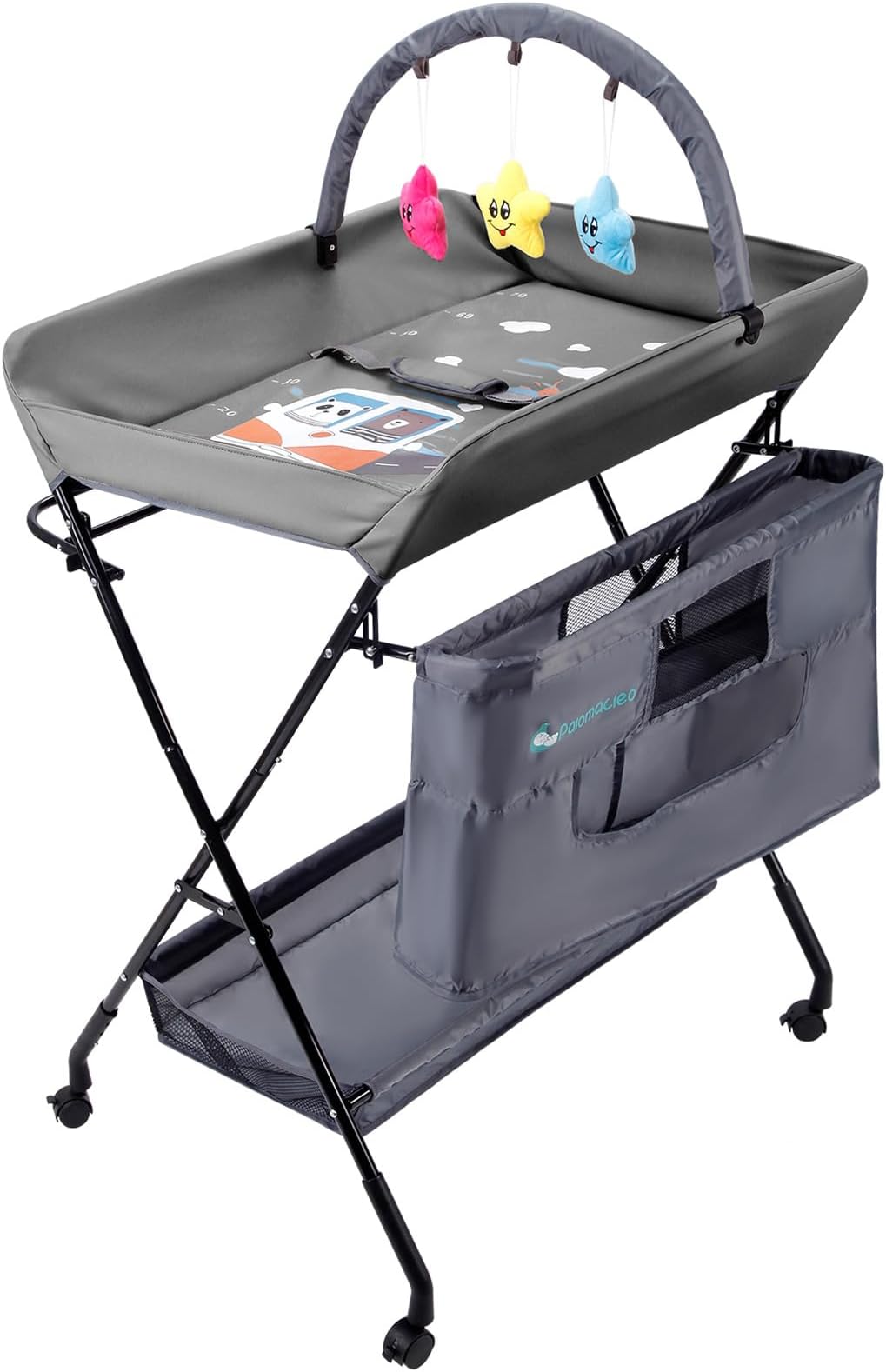 Portable Baby Changing Table - Waterproof Diaper Changing Table with Wheels, Adjustable Height Folding Diaper Station with Safety Belt, Large Storage Racks for Newborn Baby and Infant