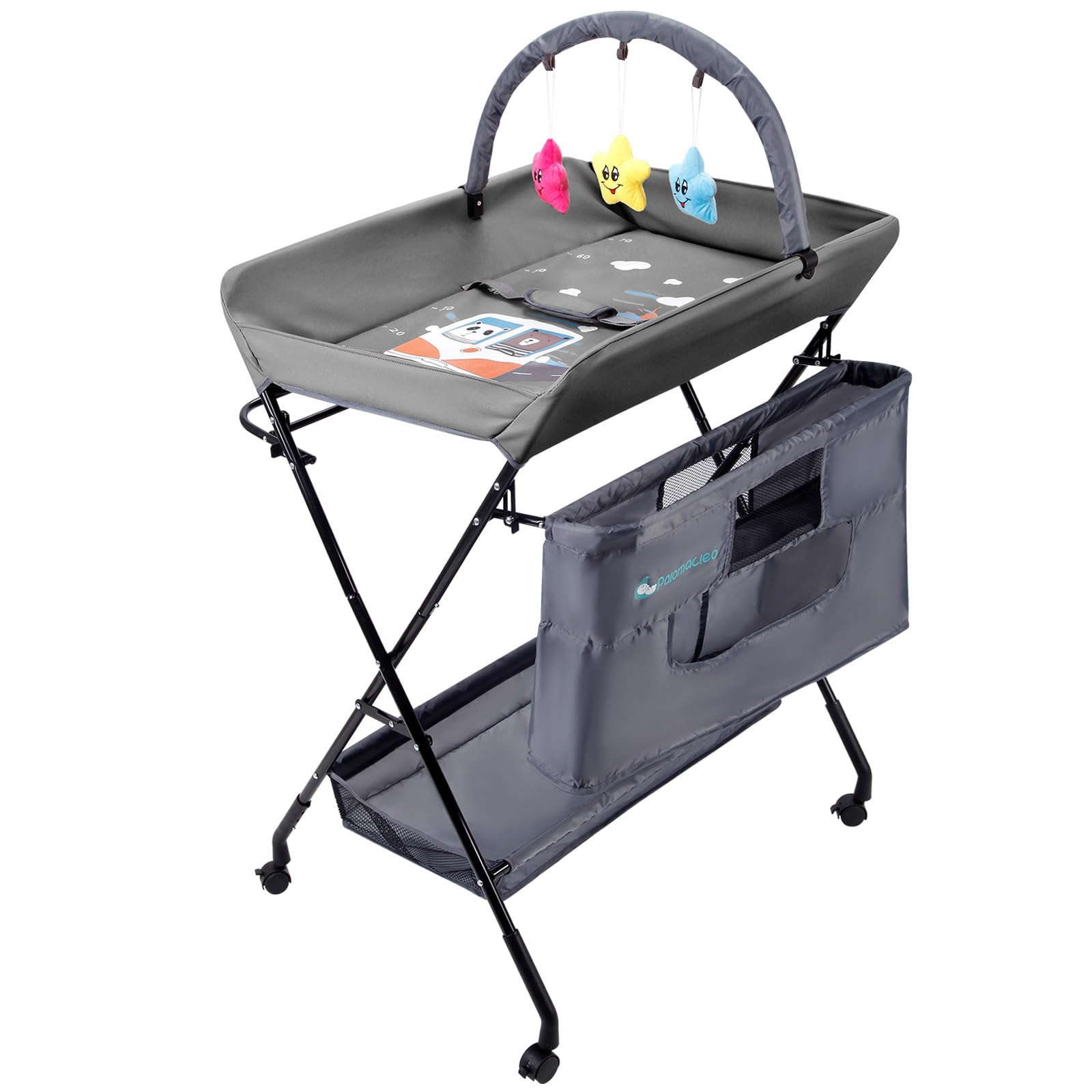 Portable Baby Changing Table - Waterproof Diaper Changing Table with Wheels, Adjustable Height Folding Diaper Station with Safety Belt, Large Storage Racks for Newborn Baby and Infant