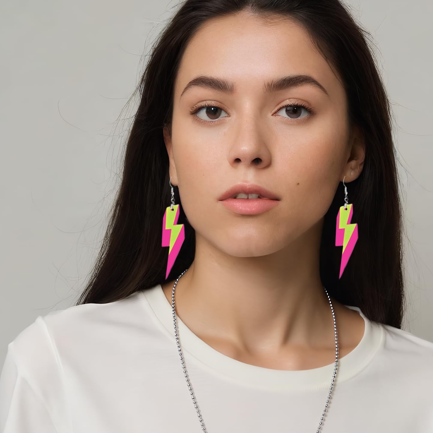 80s Neon Lightning Bolt Dangle Earrings with Pendant Necklace, Hot Pink and Lime Green Acrylic Jewelry Set, Retro Party Costume Accessories for Women - Image 6