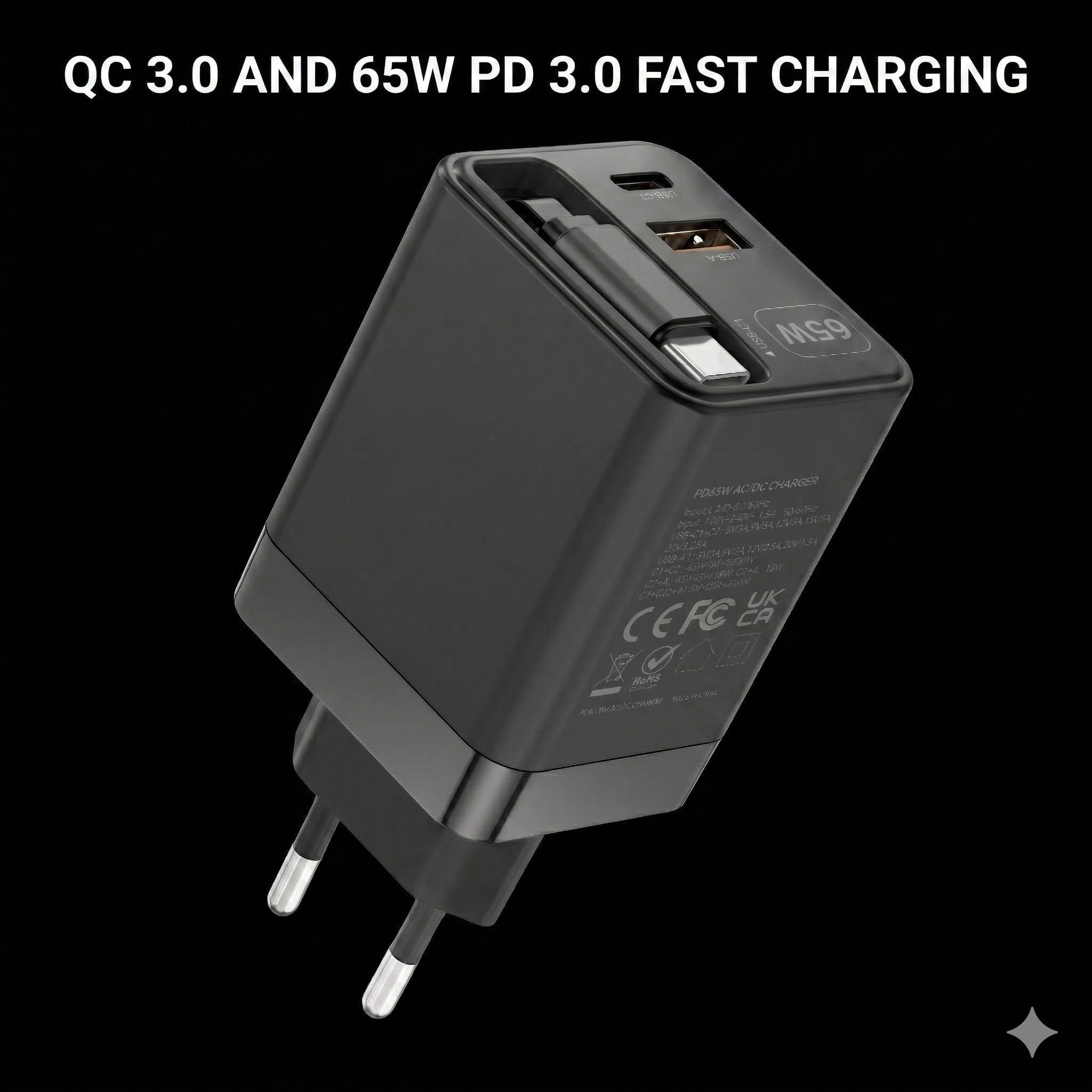 Mars Gaming MD-GAN65R Caricatore USB-C 65W GaN Ricarica Rapida QC 3.0 PD 3.0 Cavo Retrattile 65cm USB-A USB-C Spina Europea Tipo C Nero