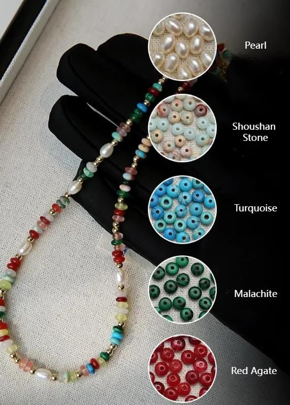Aleasha Boho Beaded Choker Gemstone Natural Pearl Necklace for Women 14K Gold Plated Beach Summer Colorful Jewelry - Image 4
