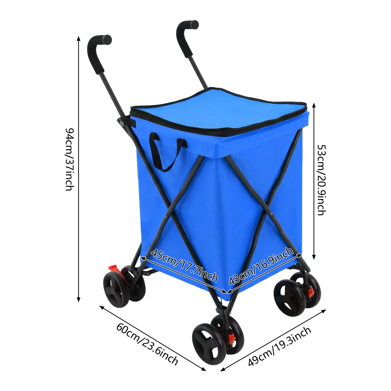 Carrello pieghevole con borsa da 38 l, portata fino a 70 kg, con ruote anteriori orientabili e freni, per shopping, campeggio, animali domestici (blu)