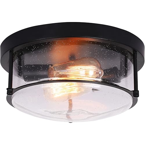 Flush Mount Ceiling Light Fixture, Seeded Glass Shade Farmhouse Light Fixture 2-Light Close to Ceiling Light for Dining Kitchen Bedroom Living Room Hallway Entryway, E26 Base