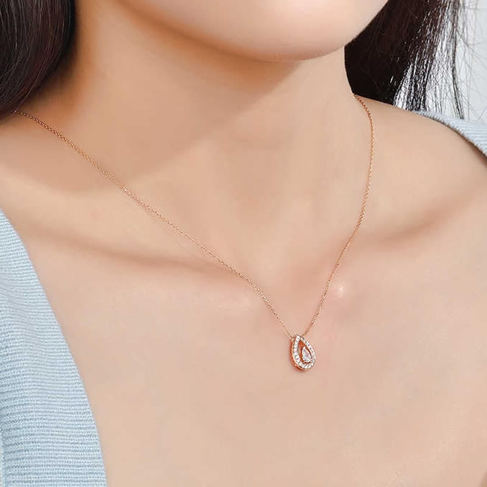 Łańcuszek na szyję wisiorek damski, łańcuszek długi biały diament łza prawdziwa biżuteria 9K / 14K / 18K różowe złoto