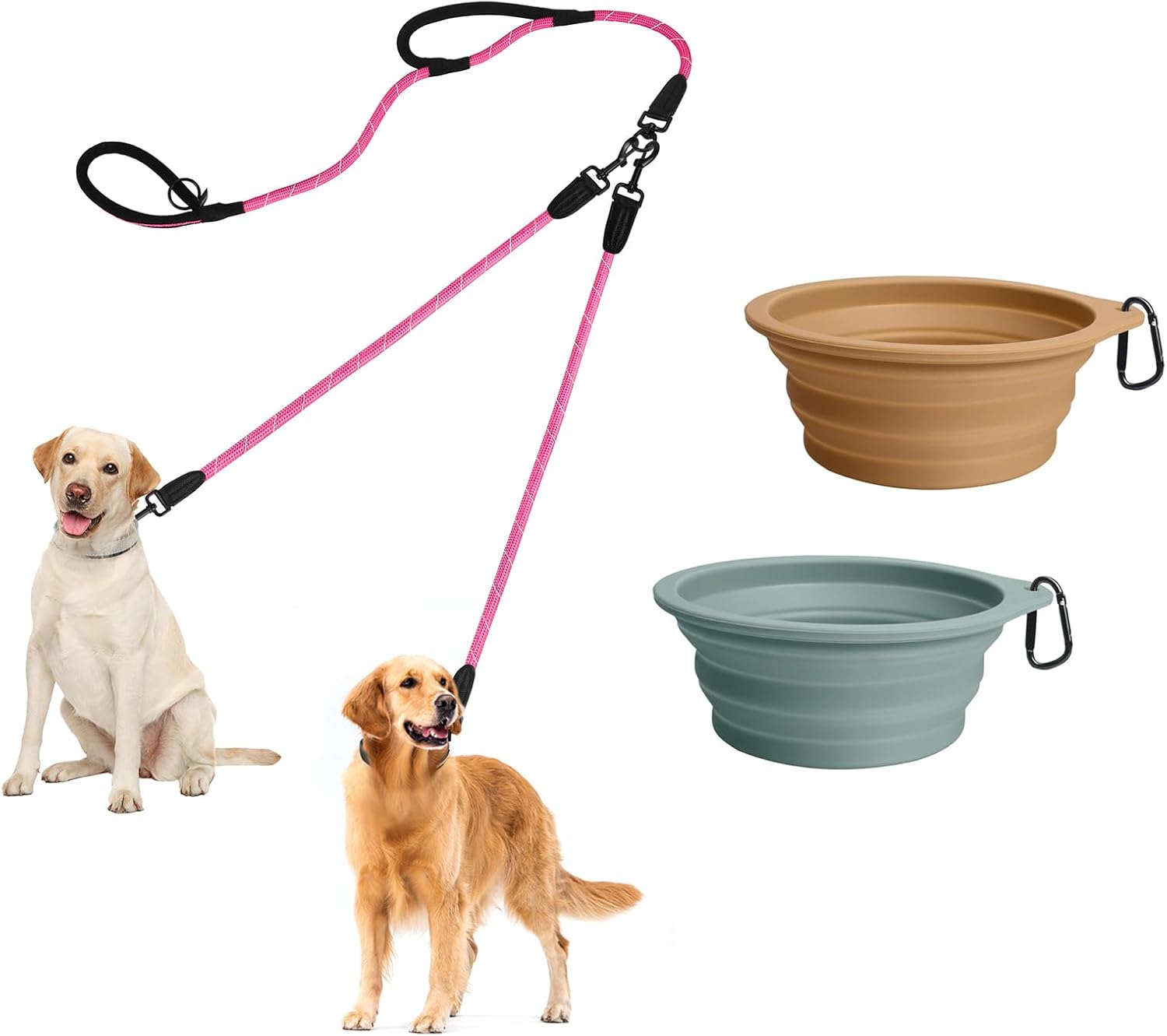 PetBonus Rope Double Dog Leash and 2-Pack Large Silicone Collapsible Dog Bowls