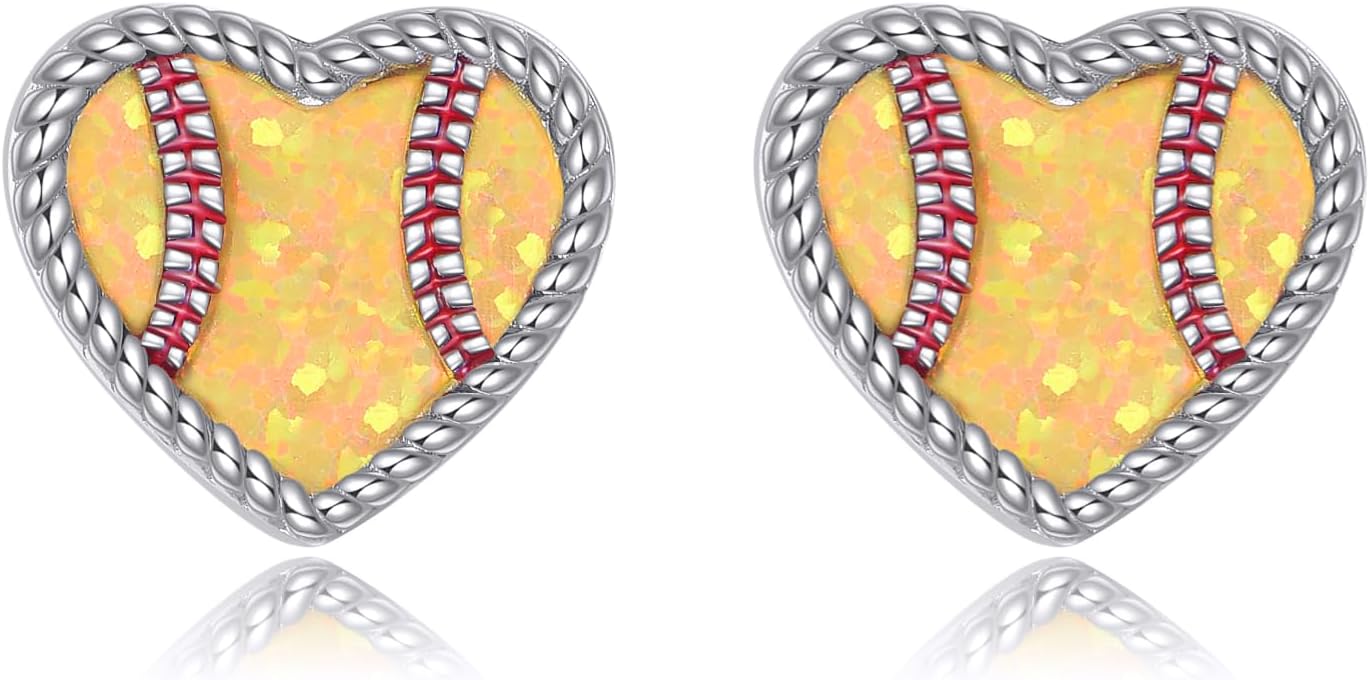 YFN Softball Earrings Sterling Silver Yellow Opal Softball Stud Earrings Dainty Heart Sport Jewelry Gift For Women