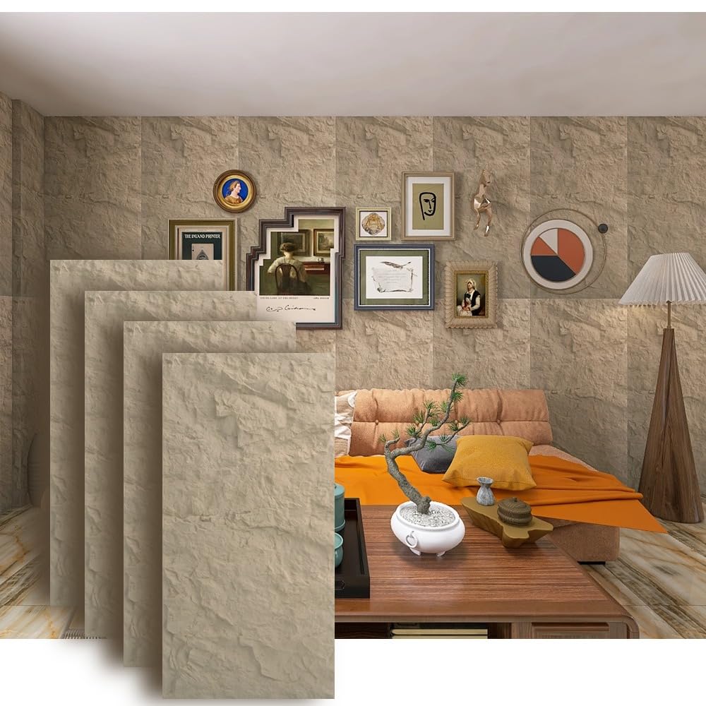4-Pack 3D PU Stone Wall Panels for Interior Decor | Faux Stone Accent Tiles, Stone Yellow, 47.24"x23.62"x1.18" | Waterproof & Lightweight 3D Wall Design