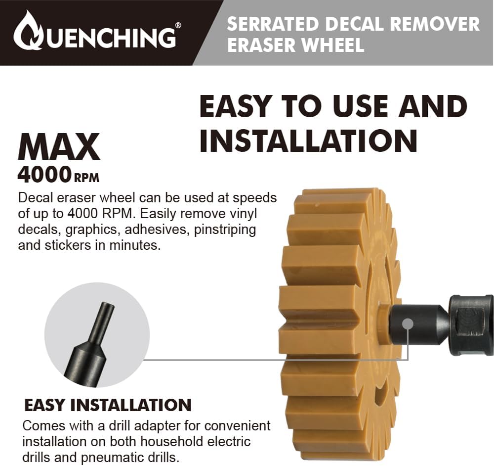 QUENCHING Rubber Eraser Wheel Decal Remover – Heavy Duty Adhesive Removal Tool for Drill, Removes Sticker Residue, Emblems & Vinyl from Car Paint, Not for Glass or Permanently Bonded Adhesive