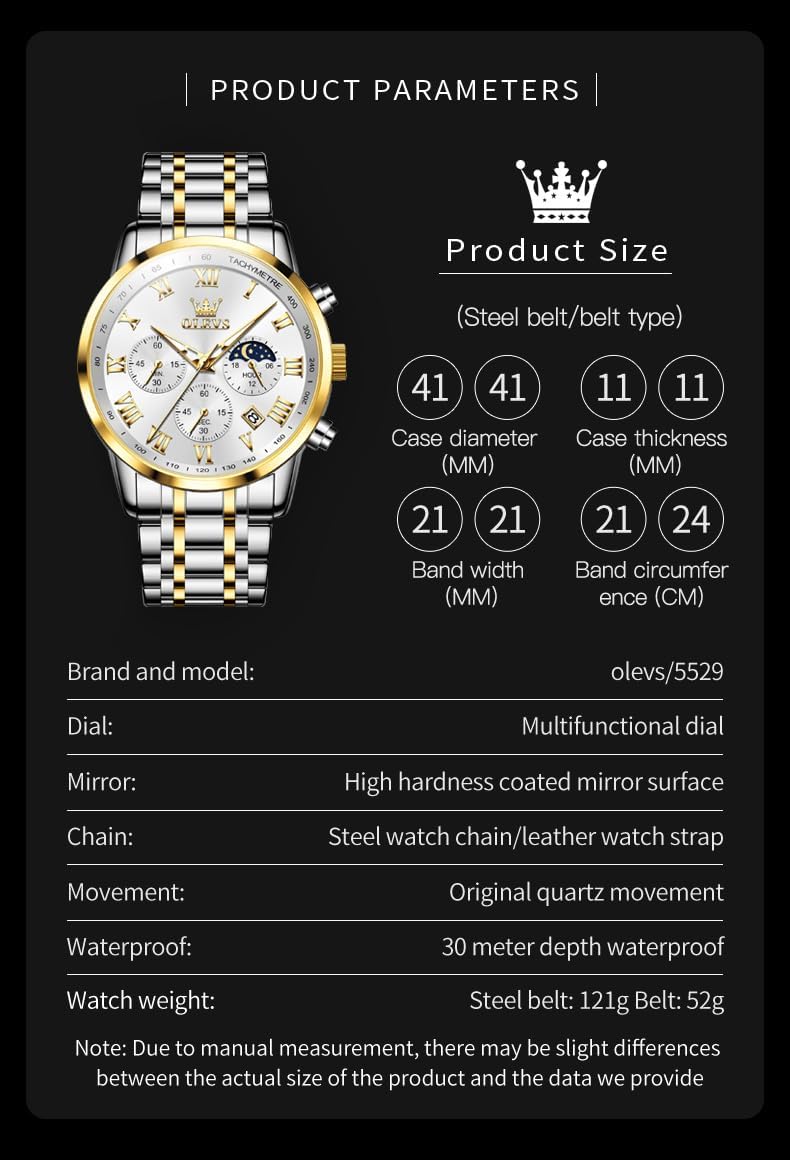 OLEVS Mens Watches Luxury Big Face Waterproof Stainless Steel Analog Quartz Multifunctional Luminous Date Two Tone Fashion Dress Wrist Watches for Man - Image 6