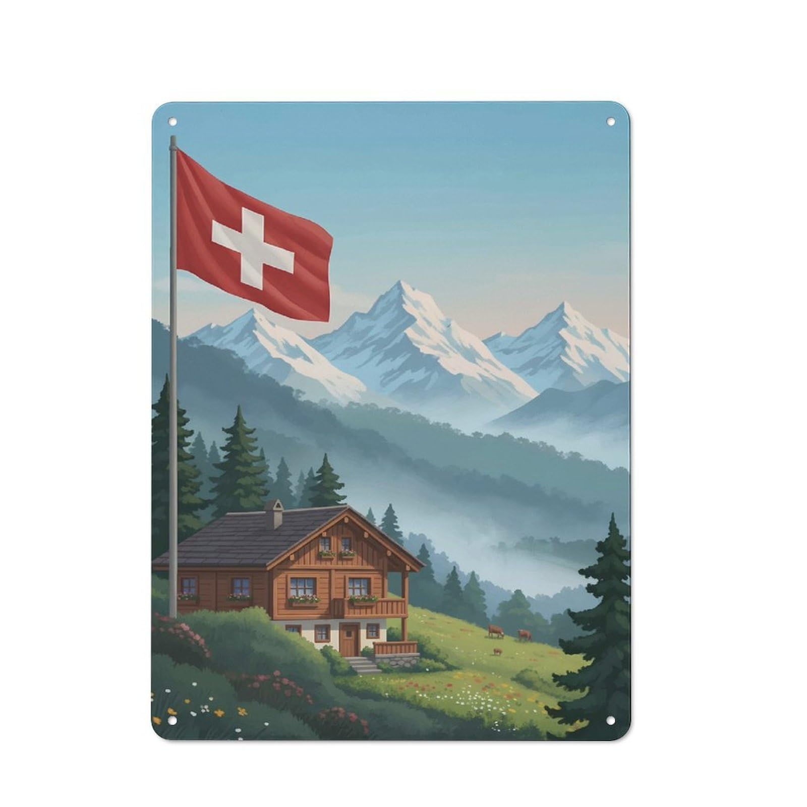 Junmoney Style-19 Vintage Tin Sign 40X30cm With Swiss Chalet With Flag And Mountains For Home Bar Wall, Metal Sign Decor For Home Bars And Entertaining Spaces