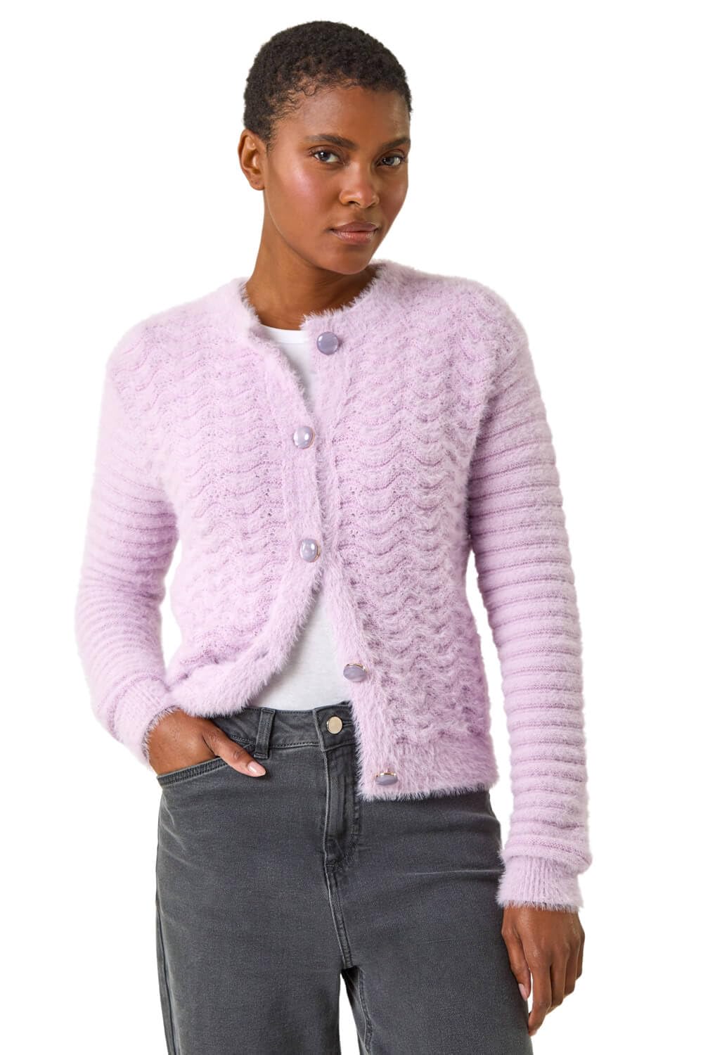 Roman Originals Fluffy Knit Button Cardigan for Women UK - Ladies Everyday Autumn Winter Round Neckline Comfy Soft Evening Vacation Work Party Night Out - Lavender - Size 20