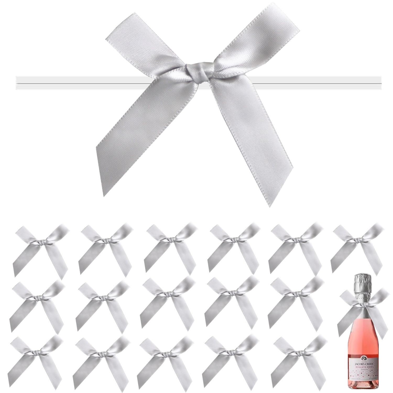 120 Pack 3" Silver Satin Ribbon Twist Tie Bows, Twist Bows for Treat Bags, Ribbon Bows with Twist Ties Gift Wrap Bows, Pre Tied Bows for Cake Pops,