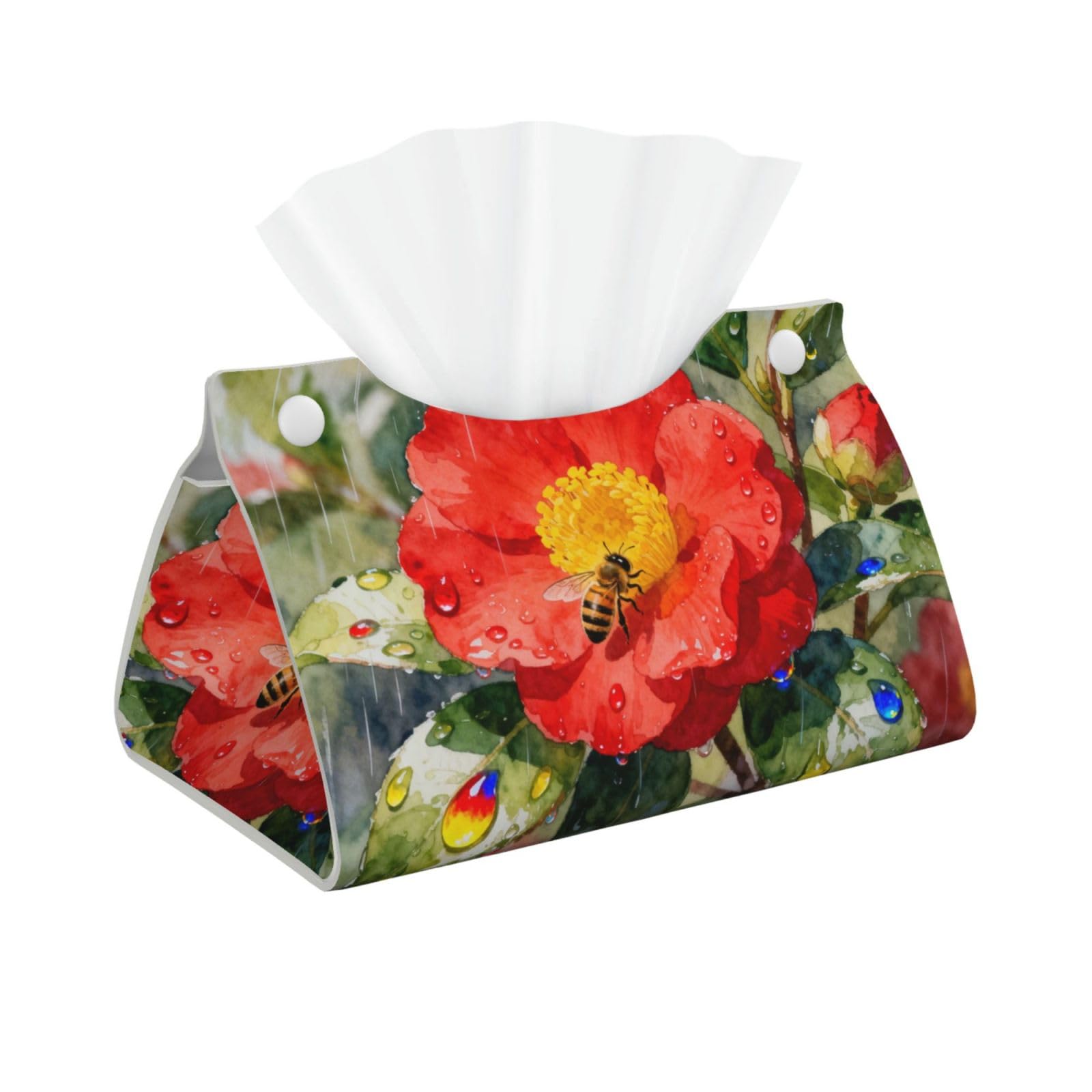 Flower Rain Long Leather Tissue Box Cover-Waterproof PU Leather Tissue Holder for Bathroom, Decorative Rectangular Tissue Case