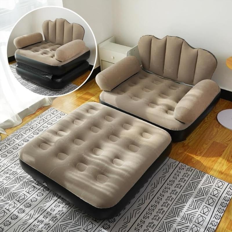 Flocked PVC Inflatable Sofa Chair and Footrest, Beige and Black, Convertible 5-in-1 Air Lounge Recliner Bed for Home, Guest Room and Camping-image-17