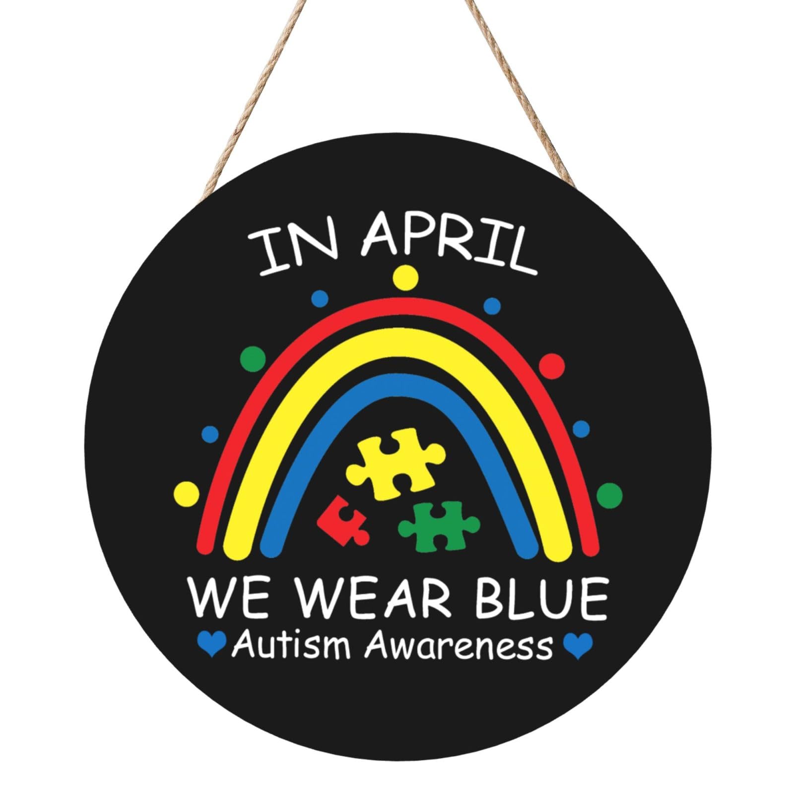 In April We Wear Blue Rainbow Autism Awareness Month Door Signs Plaques Wood Welcome Sign For Front Door Wall Hanging For Home Farmhouse Office Classroom Party Decoration