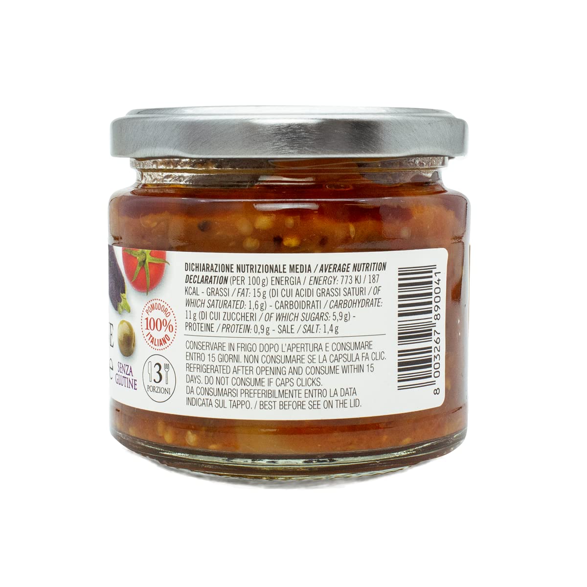 CAMPO D'ORO - Sicilian Eggplant Caponata, Glass, Jar 6.3 oz, Sicilian recipe for antipasto, appetizer, side dish or pasta with Eggplant, Tomato, Onion, Celery, Olives and Capers