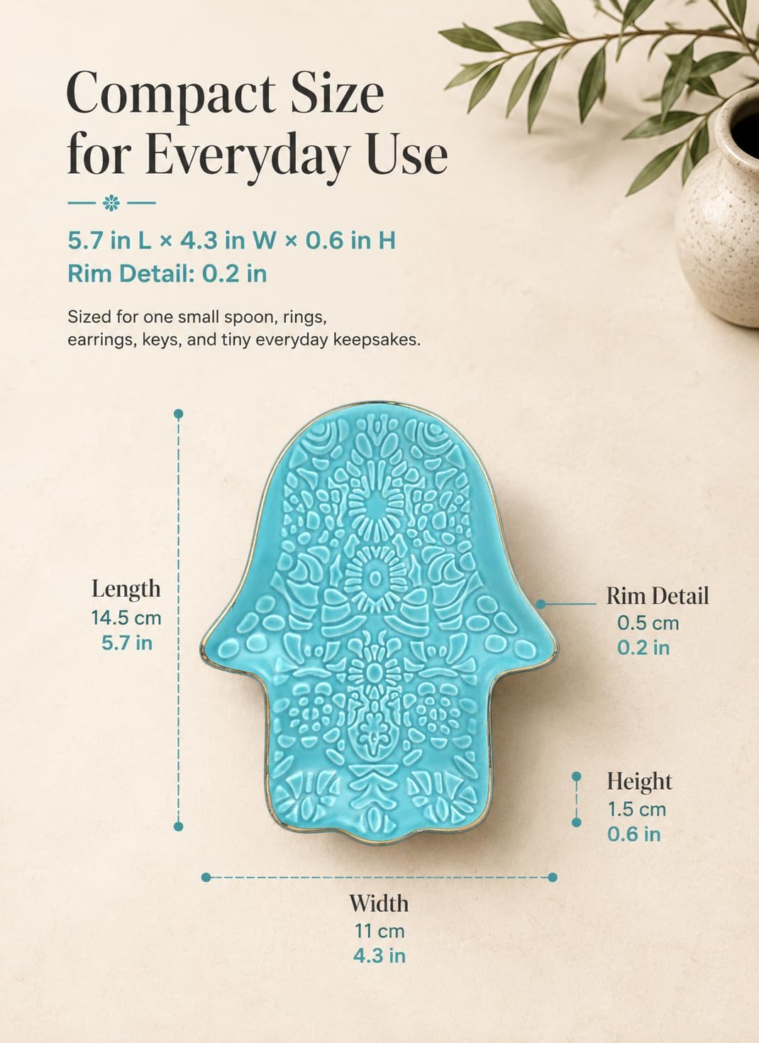 Ceramic Spoon Rest for Stove Top and Kitchen Counter, Turquoise Hand Shaped Spoon Holder, Decorative Utensil Rest for Cooking, Hamsa Hand Trinket Dish and Jewelry Dish for Kitchen Decor