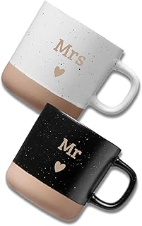 Tassen-Set aus Steingut – Mr & Mrs – Schwarz und Weiß – Geschenkset für Kaffee & Tee – Geschenkidee für Verlobte und Paare