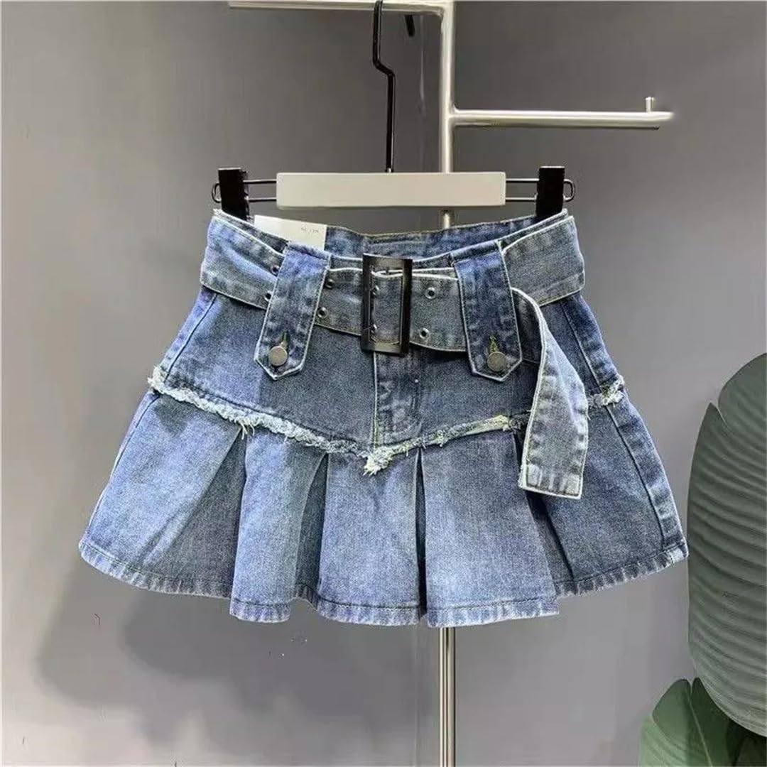 Gonna da donna vintage a pieghe in denim Street Slim a forma di A mezza lunghezza