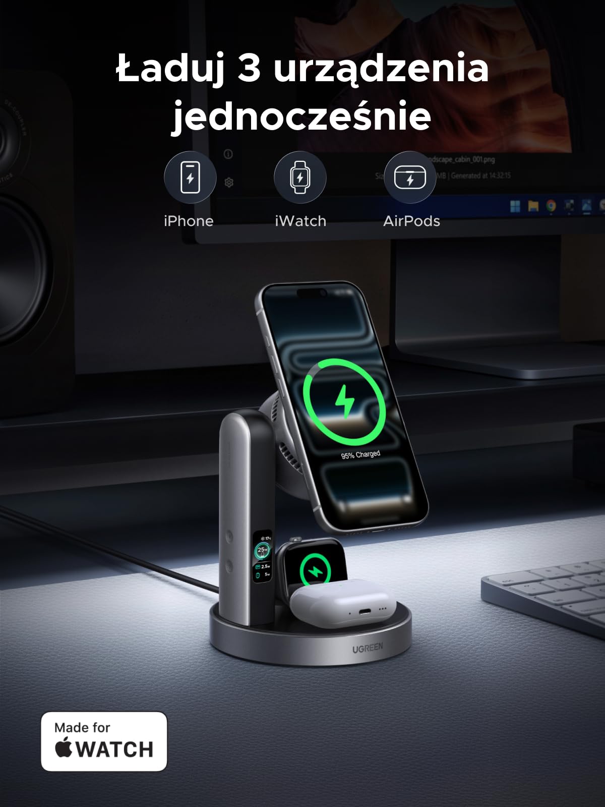 UGREEN MagFlow Pro 25W 3 w 1 magnetyczna bezprzewodowa z chłodzeniem