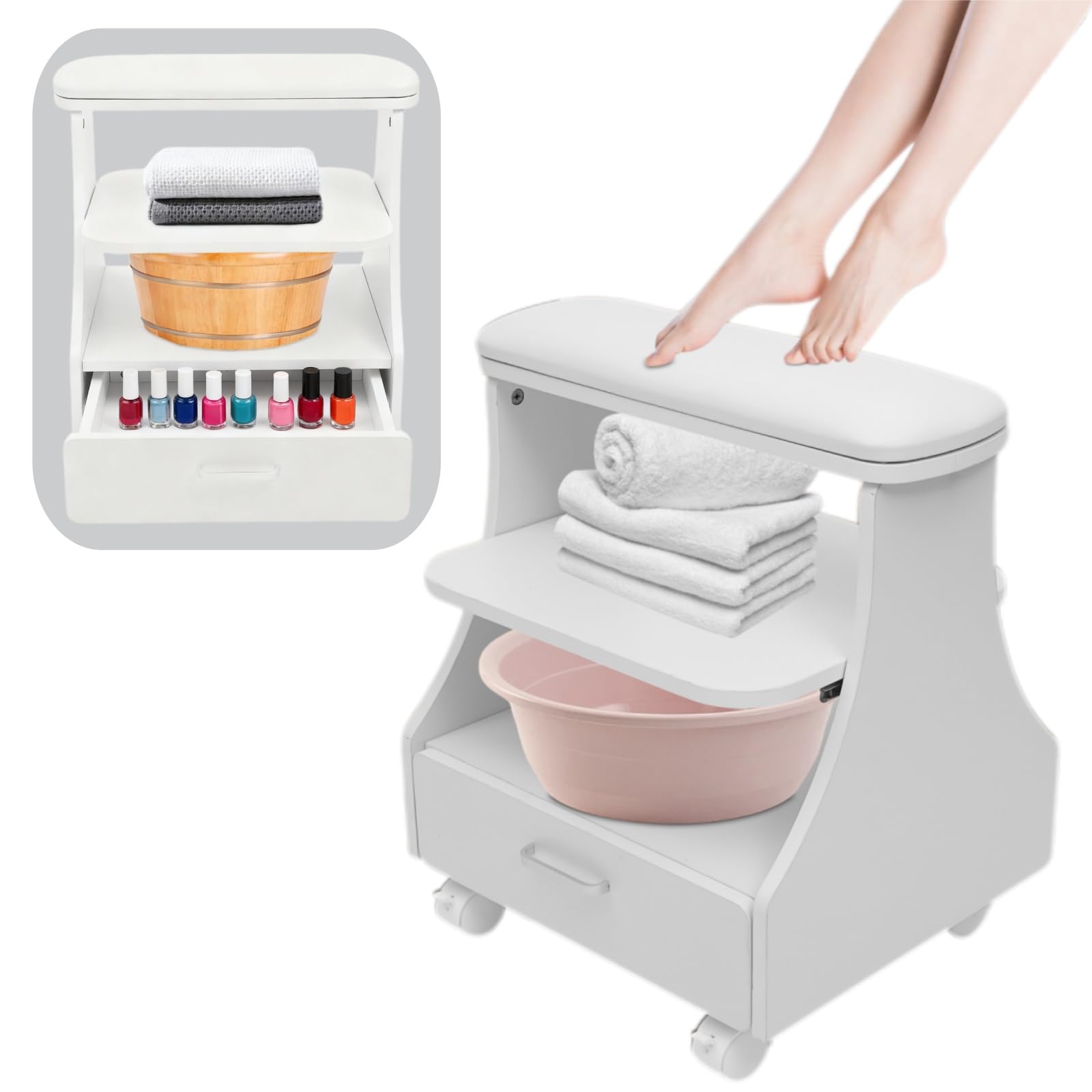 chariot de manucure pour pédicure à 3 niveaux, chariot de spa portable avec tiroirs et 4 rouleaux universels, bain de pieds avec capacité de charge de 50