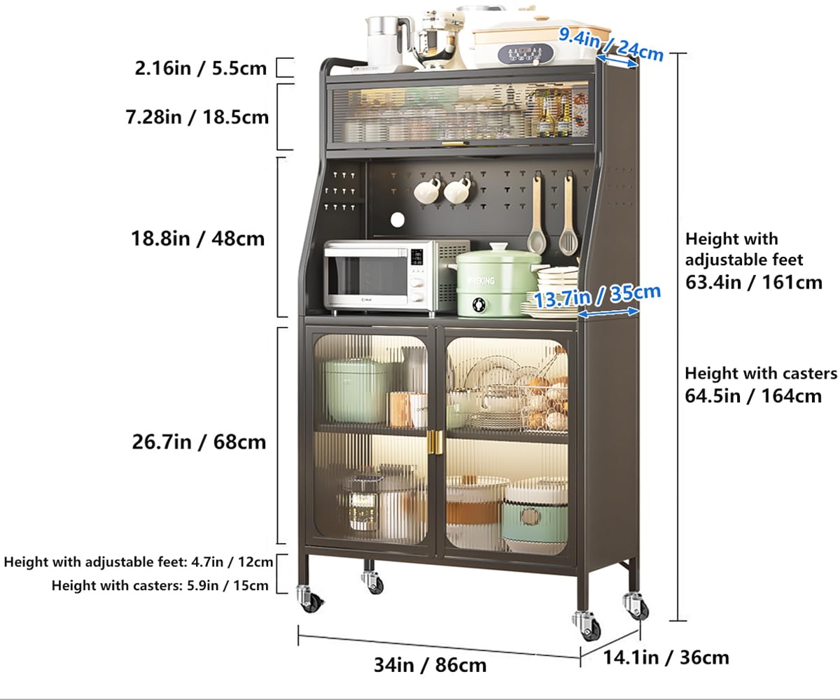 Mobile Dispensa Cucina, Credenza Cucina Alta, 86 x 36 x 164cm, con Rotelle con Gancio, Foro Per Cavi, Porta Magnetica 5 Piani Mobile Microonde, Adatto Alle Cucine, Nero