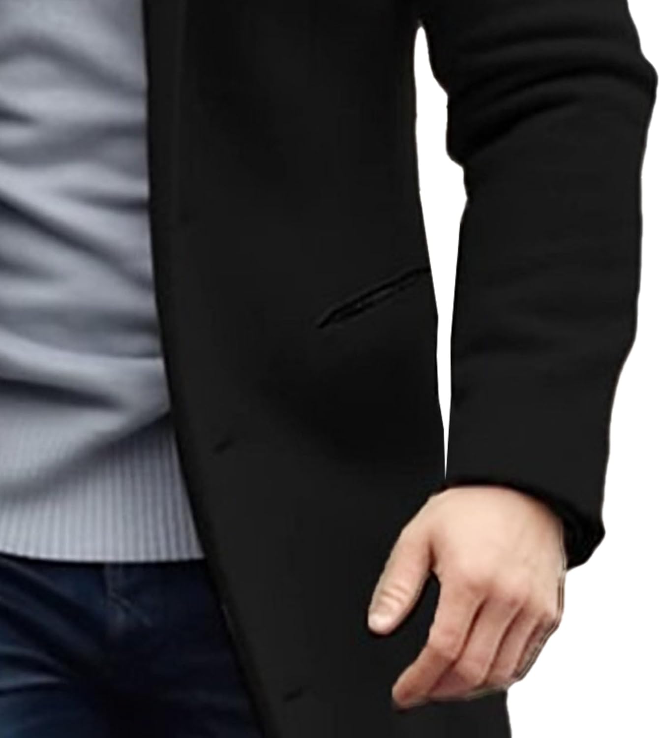 Men Notched Lapel Woolen Blend Coat Mid Long Faux Wool Trench Jacket Winter Single Breasted Solid Warm Outerwear