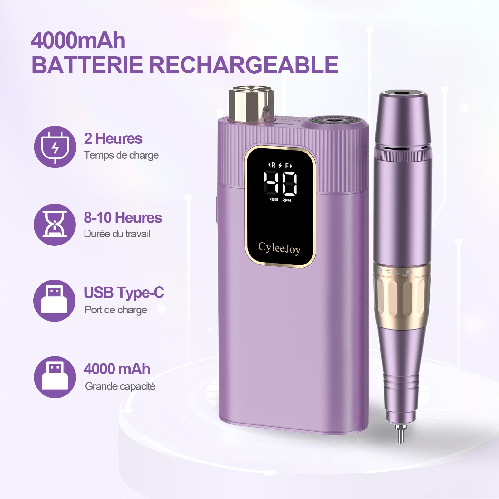 Ponceuse pour Ongles Professionnel 40000 tr/min, 12 en 1 Ponceuse Ongles pour Acrylique/Gel, Lime a Ongle Electrique Portable Rechargeable, Set Manucure Pédicure pour Salon/Maison (Violet)
