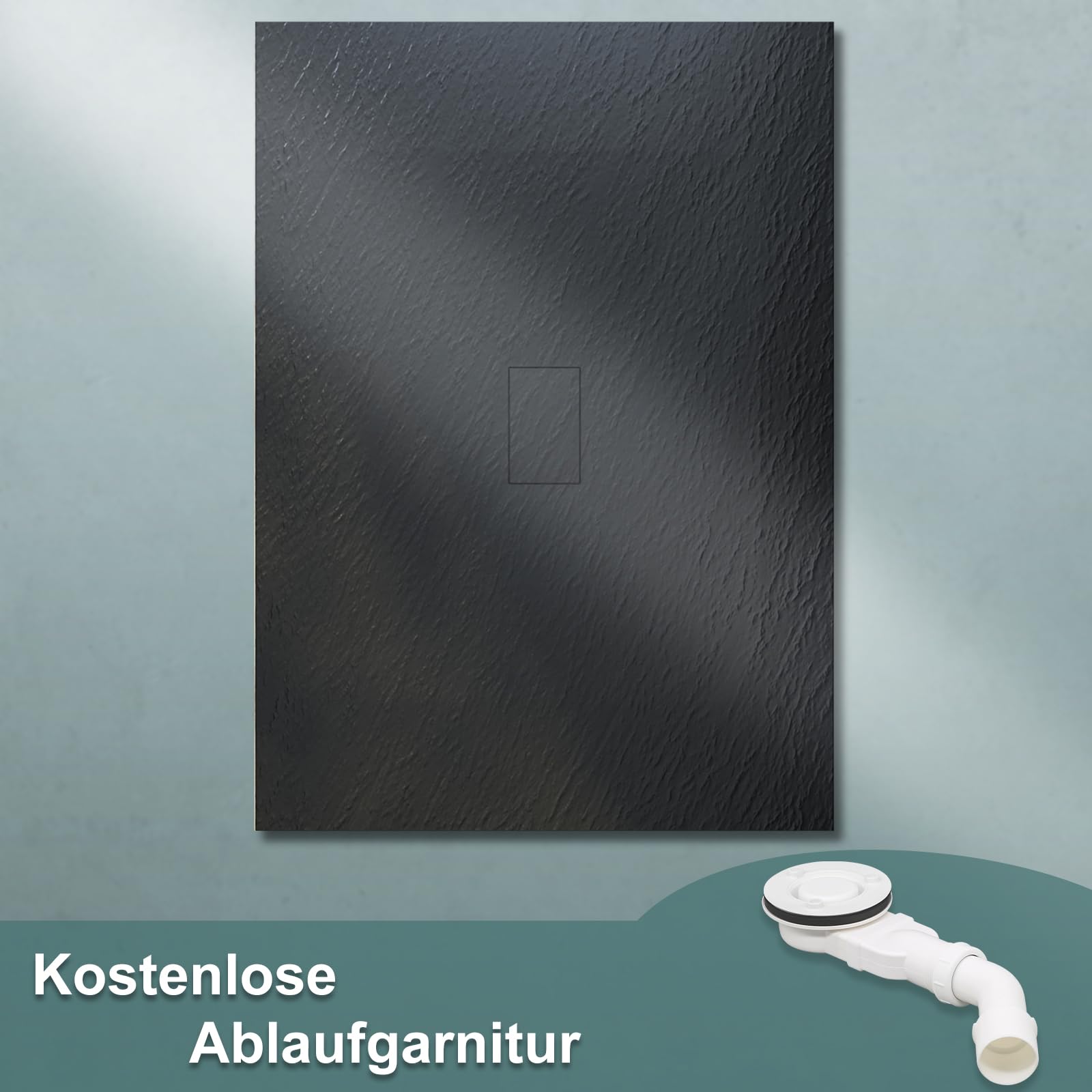 SONNI Plato de Ducha de Resina 140x100,con Válvula de Deasgüe,Textura Pizarra y Antideslizante,Altura 3cm Negro
