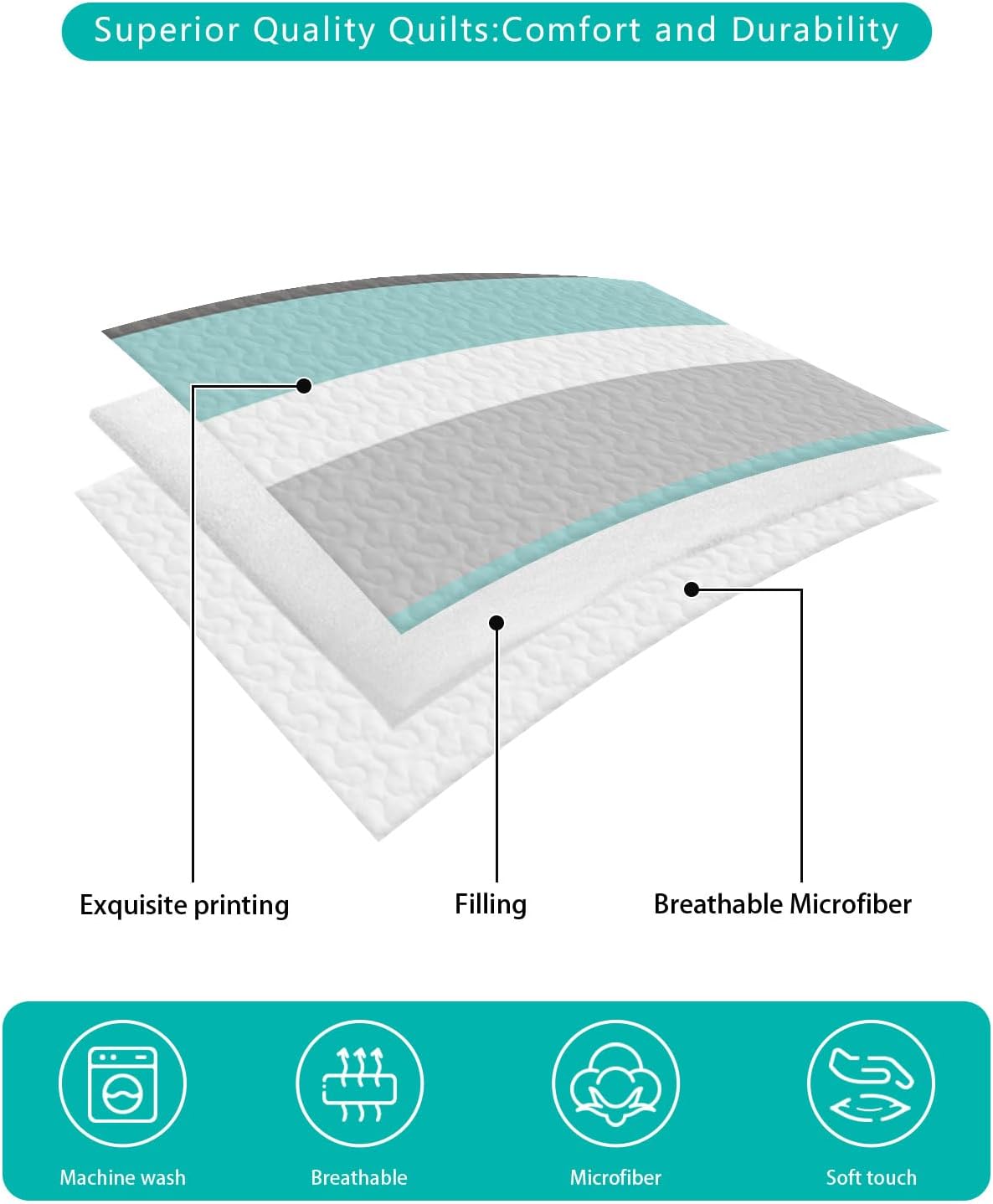 Twin XL Size Quilt Set, Green Gray Stripe Lightweight Bedspread Coverlet Set Soft Microfiber Summer Quilt with 2 Pillow Shams, Geometric Art 3 Piece Comforter Bedding Set