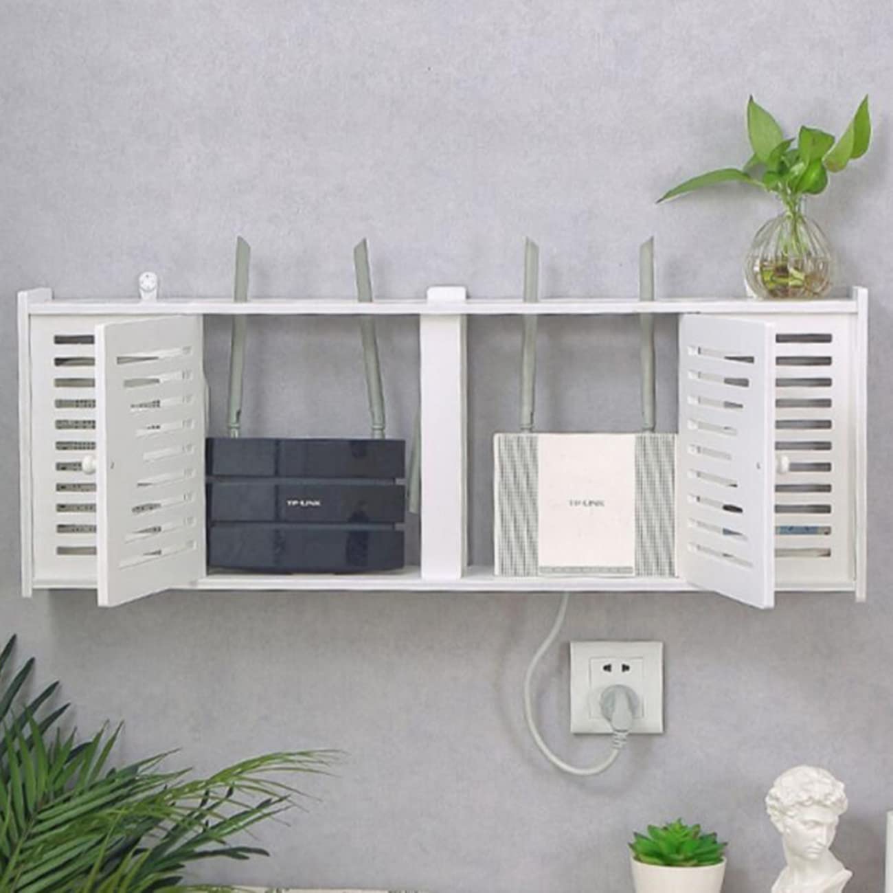Router Regal WLAN-Aufbewahrungsbox STB-Speicher Multifunktionsregal Desktop-Speicher Kostenlose Lochwandhalterung Wandschmuck Wohnzimmer TV Wand (Color : Weiß, Size : 76 * 12 * 28cm)