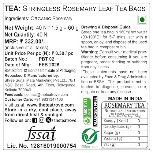 Image of the tea trove Rosemary Tea Bags Organic-40 Caffeine Free Rosemary Leaves Tea Bags,0.06 Kg,Pack of 1