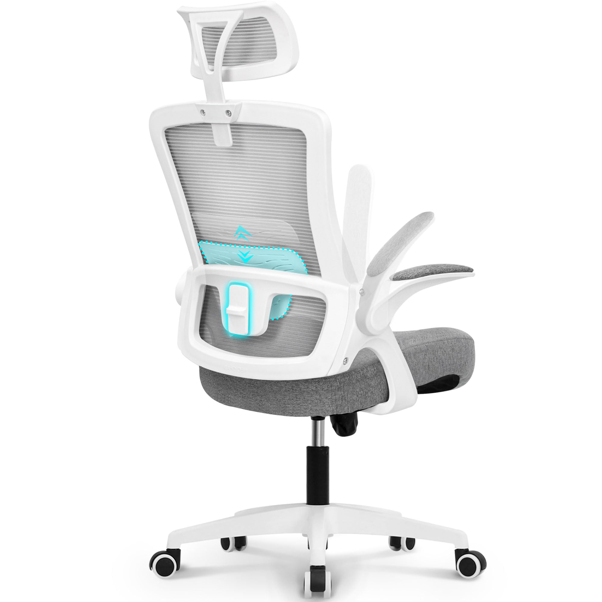 NEO CHAIR High Back Mesh Chair with Headrest Adjustable Height and Ergonomic Design Home Office Computer Desk Chair Executive Lumbar Support Padded Flip-up Armrest Swivel Chair (Grey)