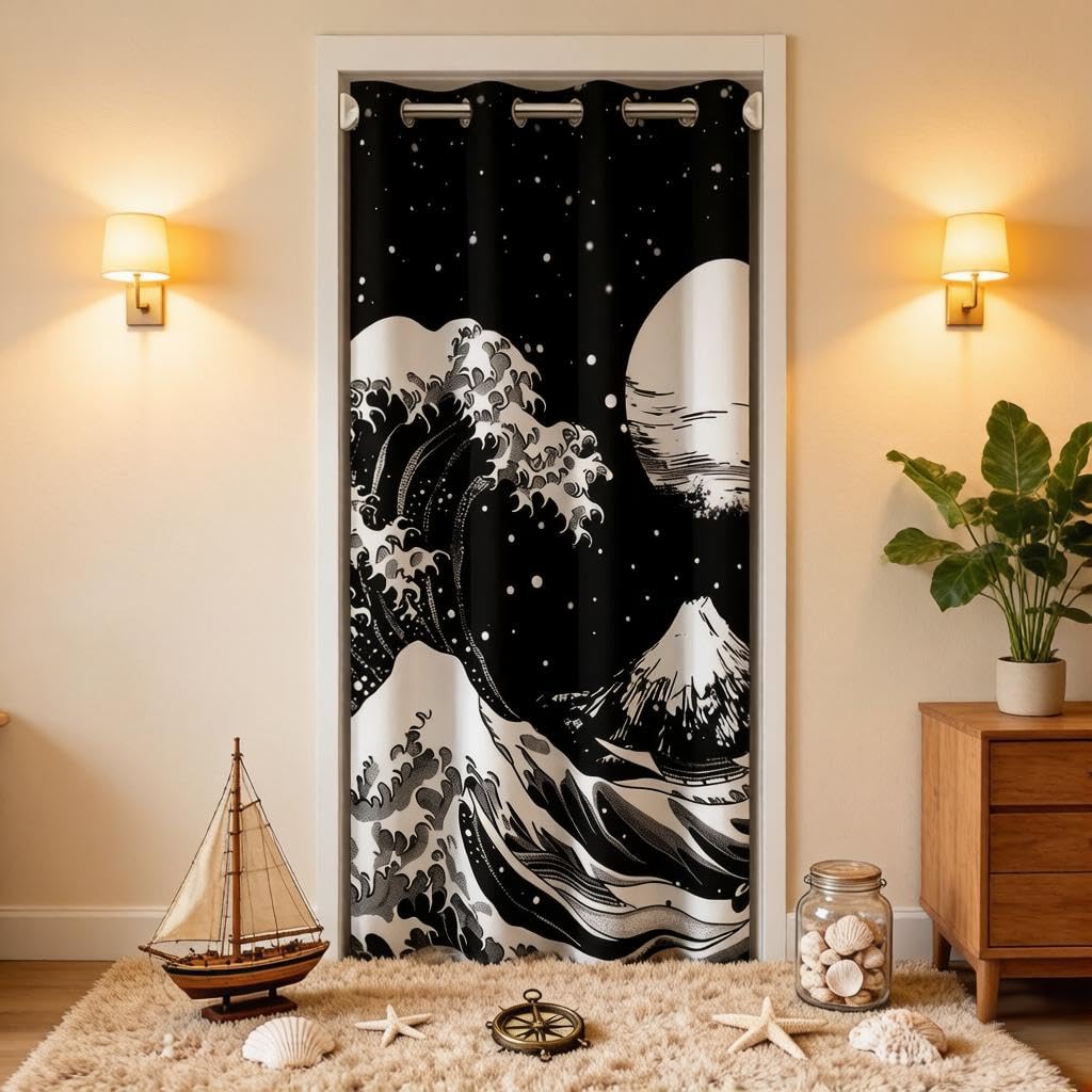 Loussiesd Japan Wave Mountain Fuji 150x203cm 1 Panel Door Curtain Privacy Room Divider, White Black