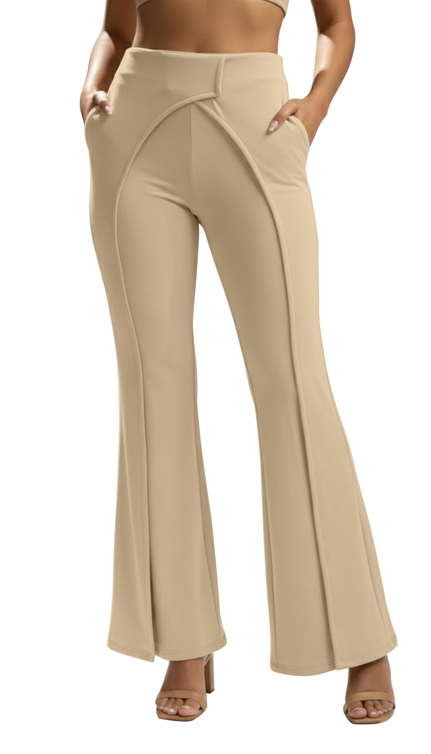Mehrang Highwaist Crossover Tulip Waistband, Elegant Curved Seam Wide Leg with Side Pockets Pants for Women