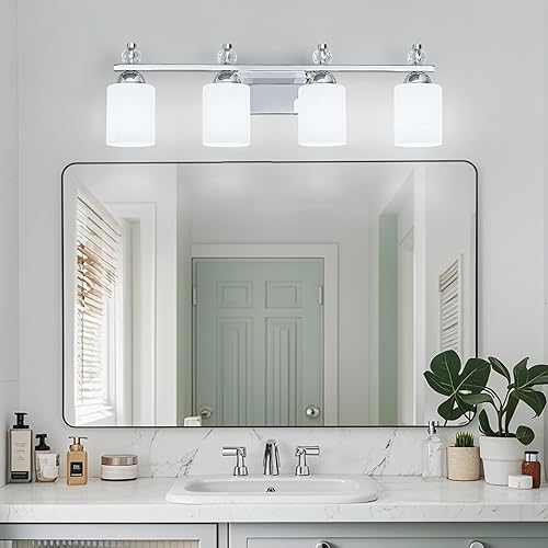 Miniatura 2 de Lámparas de tocador de baño de vidrio blanco, 4 luces cromadas de mediados de siglo, modernas luces de tocador para espejo de baño, pasillo, enchufe