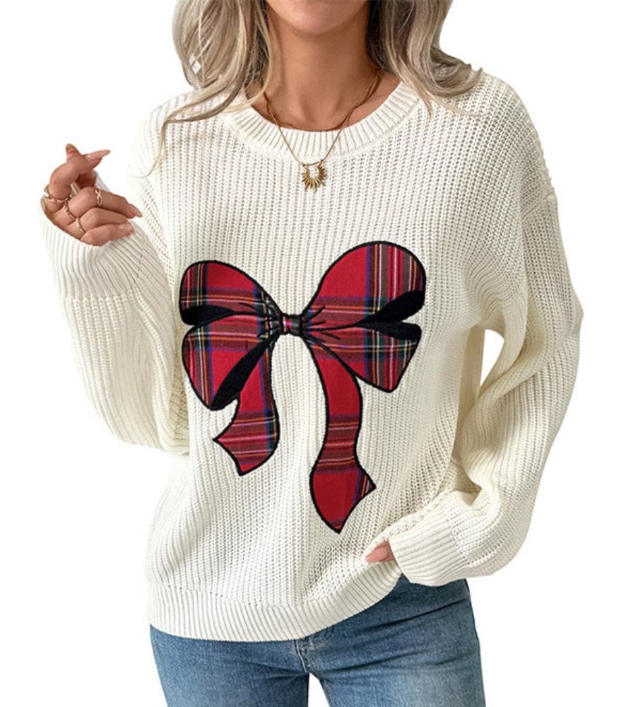 Melliflo Womens Plaid Bow Sweater Christmas Bow Print Long Sleeve Pullover Sweater Casual Y2K Graphic Crewneck Knit Sweater
