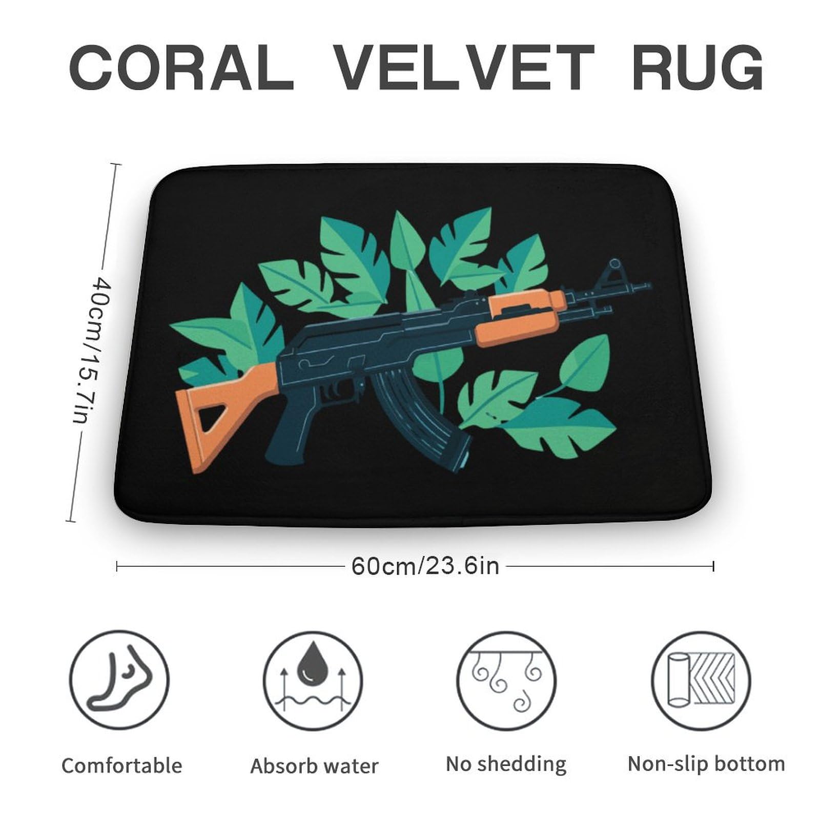 Gun AK47 Tropical Leaves Coral Velvet Rugs Non-Slip Bathroom Rugs Soft Kitchen Rug Floor Carpet for Home Decor 15.7