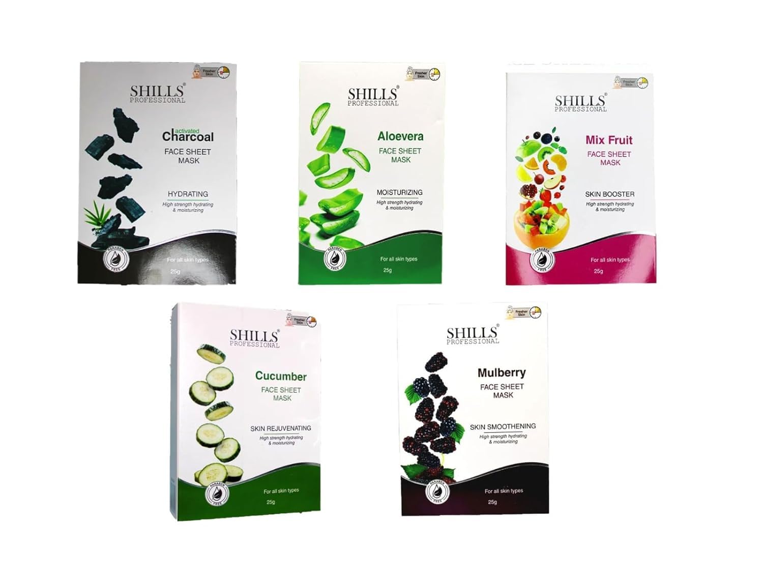 PRATHNA CRREATION Face Sheet Mask Set | 5 Variants - Charcoal, Aloe Vera, Mix Fruit, Cucumber, Mulberry, 25g Each