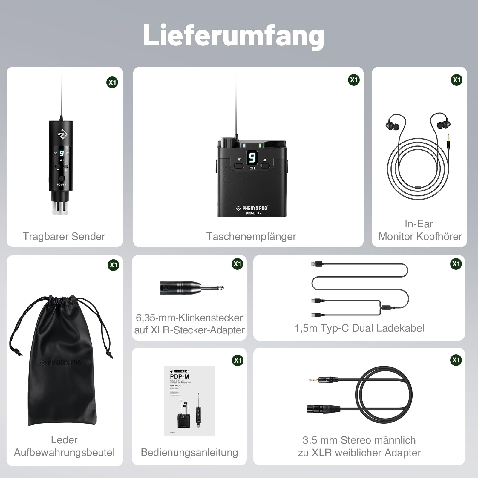 Phenyx Pro PDP-M UHF Stereo Funk-IEM-System mit Beltpack-Empfänger | 16 Frequenzen, 200 ft Reichweite, Sender & Beltpack-Empfänger, Kompaktes Design, Studio, Bands, Live-Auftritt