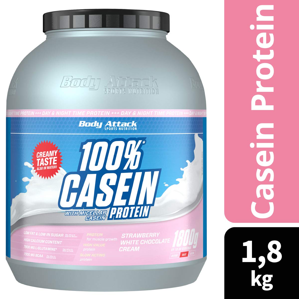 Body Attack 100% Casein Protein, Strawberry White Choc., 2 x 1,8 kg Eiweißpulver - reich an essentiellen Aminosäuren - Muskelaufbau und Erhalt, Low Sugar - für Sportler, Athleten & Figurbewusste