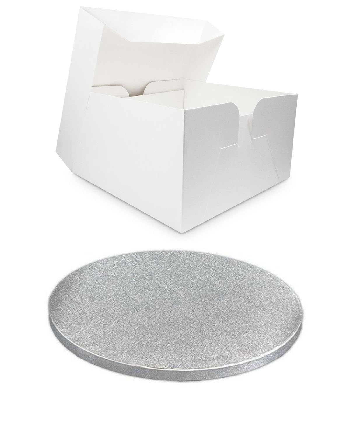 LARRYROO Single White Cake Box and Silver Round Board Pack - Thick Drum for Wedding, Party etc (20 Inches)