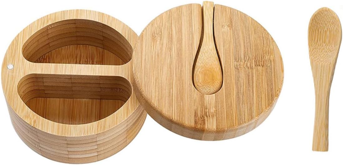 Alipis Bamboo Condiment Storage Pot Double Grid with Spoon, Khaki