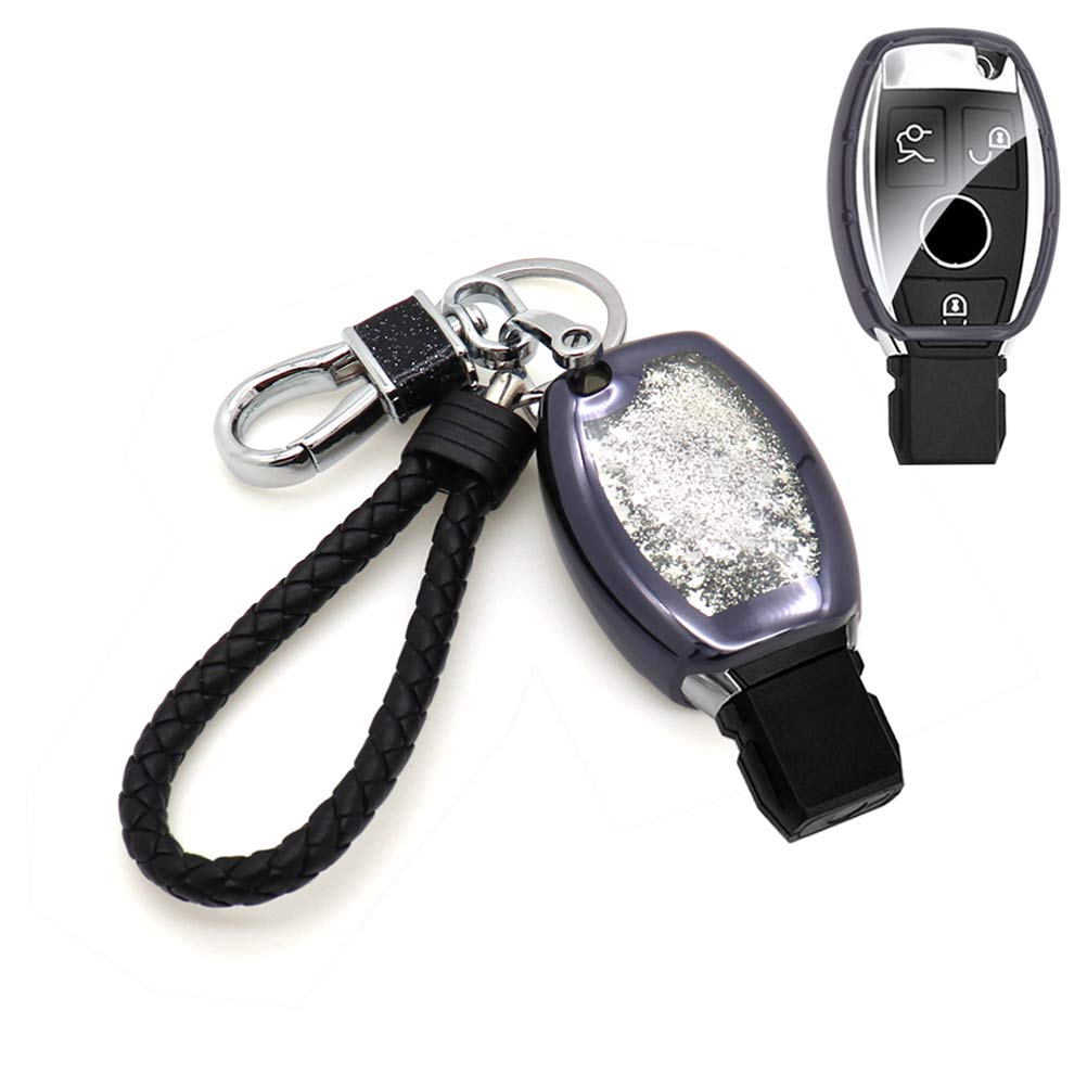 Full Coverage Protection Quicksand Key Fob Cover Key Chain for Mercedes-Benz A B C E S R M G Class (Black)