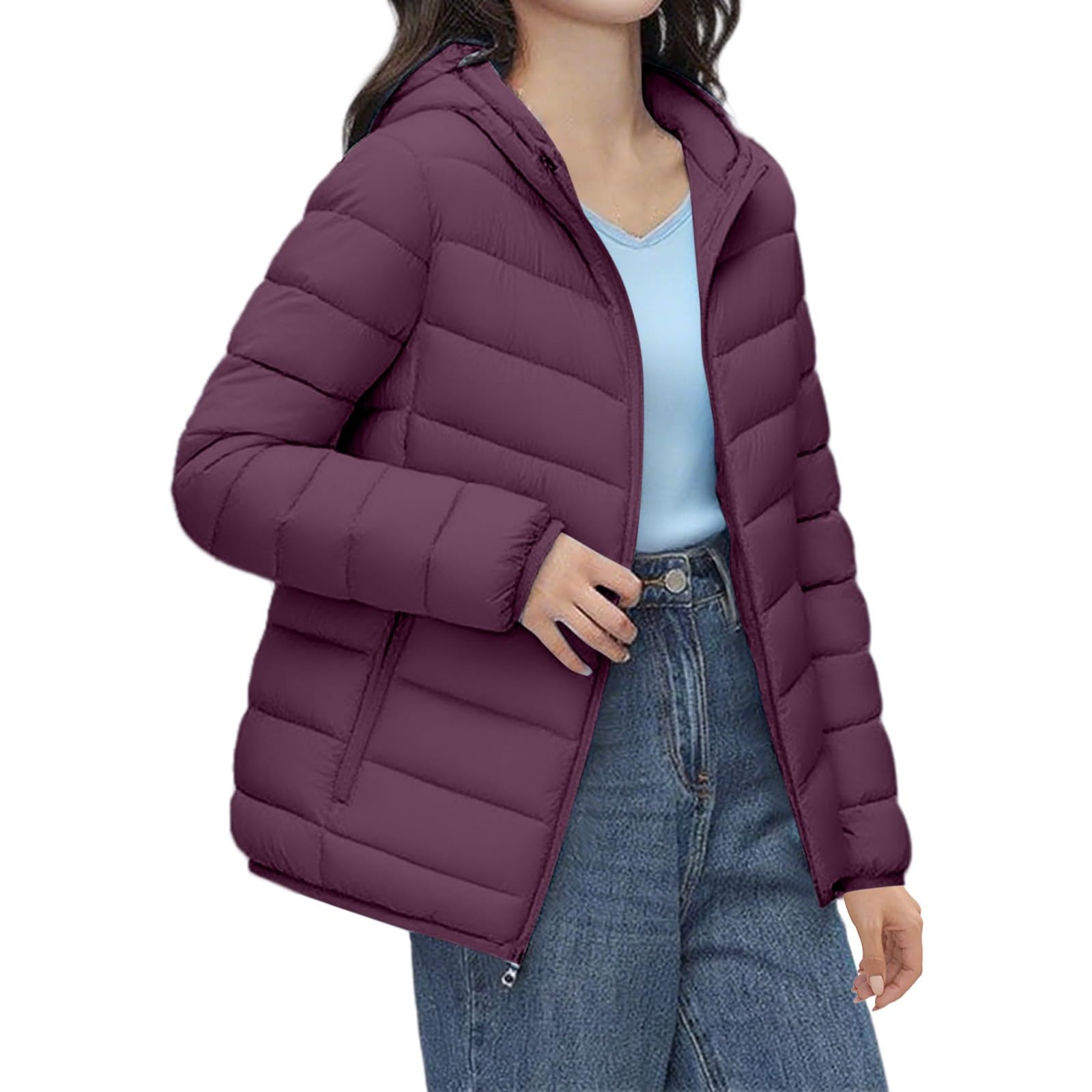 Chaqueta acolchada para mujer, chaqueta de entretiempo con capucha, chaqueta ligera de plumas, tallas grandes, abrigo acolchado de manga larga, chaqueta con capucha, abrigo cálido de invierno