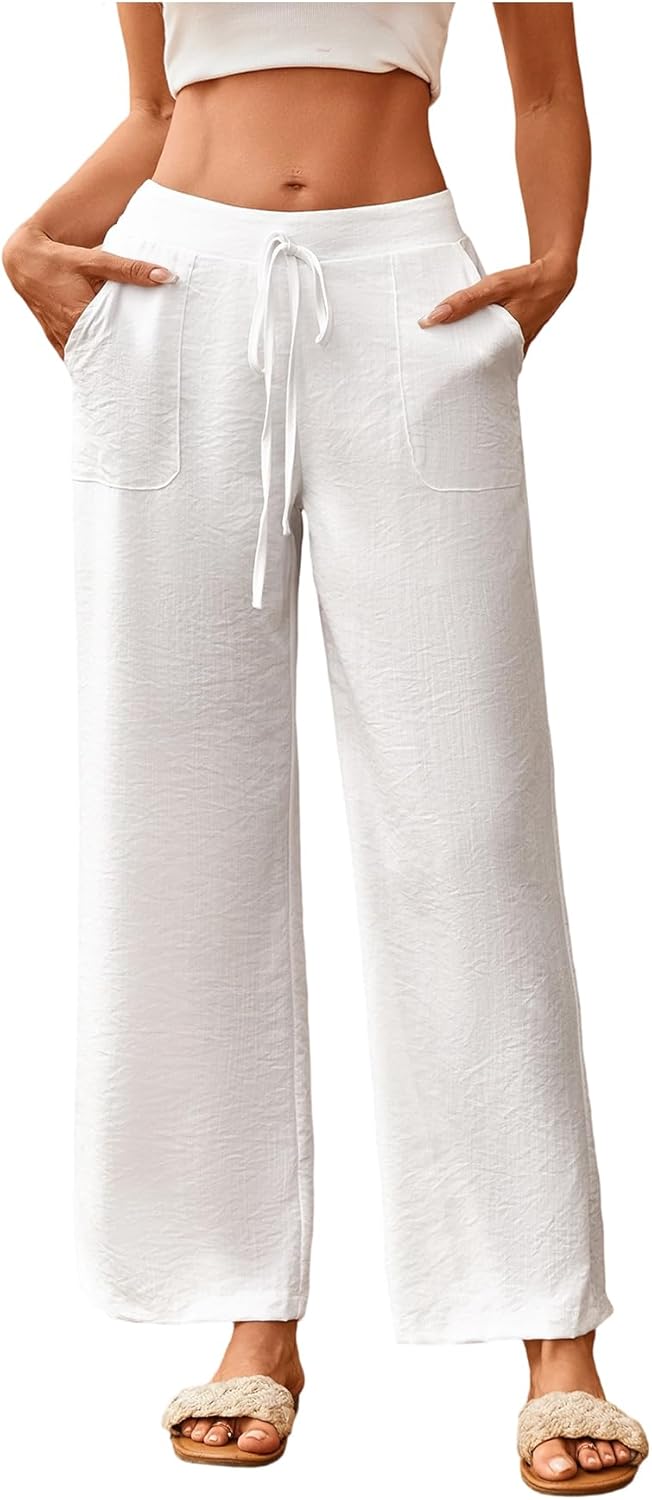 SOLY HUX Women's Tie Front Elastic Waist Pants Wide Leg Low Rise Casual Trousers with Pockets