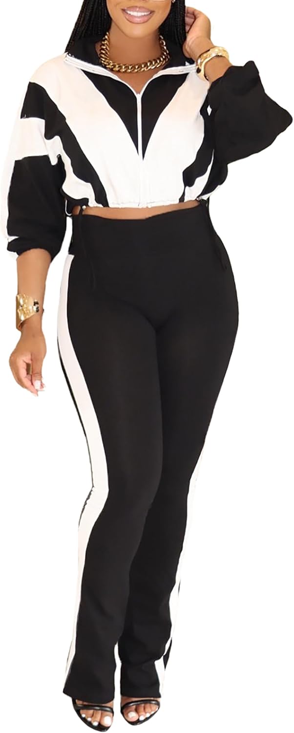 Womens 2 Piece Outfits Sets Casual Jumpsuits Track Suits for Women Set Colorblock Zip Up Cropped Jacket Pants Sweatsuits