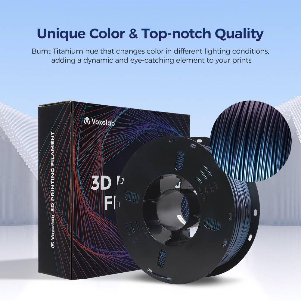 VOXELAB Filament do drukarki 3D Chameleon PETG zmieniający kolor, 1,75 mm, precyzyjna dokładność pomiaru +/- 0,02 mm, porządna szpula 1 kg, zmienia kolor pod światłem i kątem, PETG Burnt Titanium