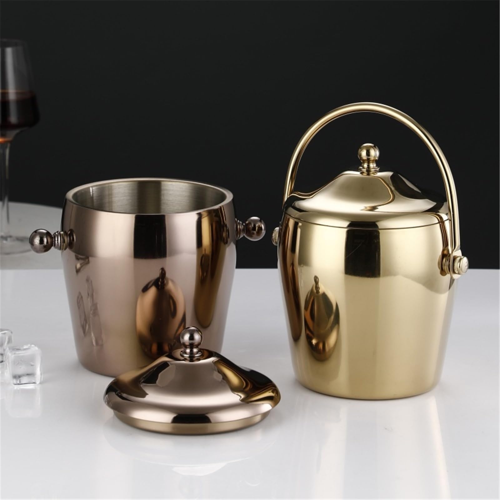 Cubitera Hielo Cubo de hielo acero inoxidable 2 litros con asa doble capa Ice Cube Maker(Silver)