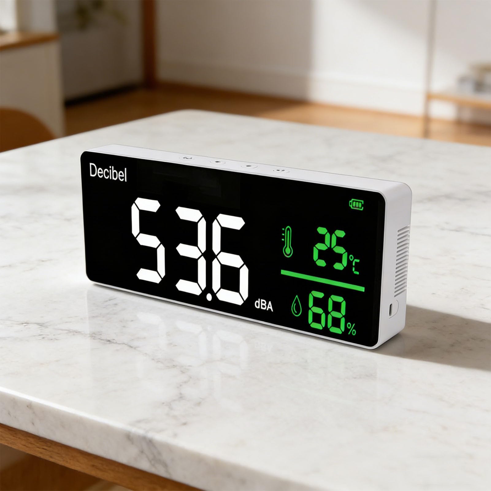 Medidor de Nivel de Sonido, Medidor de Decibelios con Pantalla LED de 11 Pulgadas con Pantalla de Tiempo de Humedad y Temperatura, DB para Fábrica de Aulas de Estudio